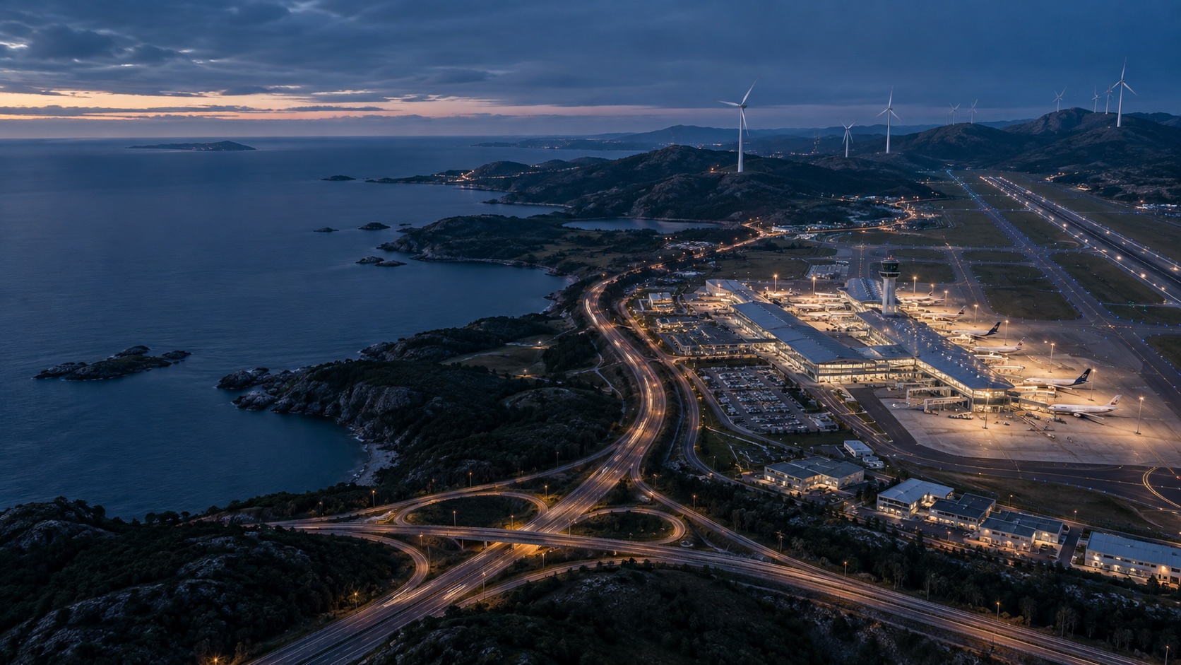 Illustrative aerial landscape with wind turbines, a motorway interchange and an airport with runways and terminal buildings