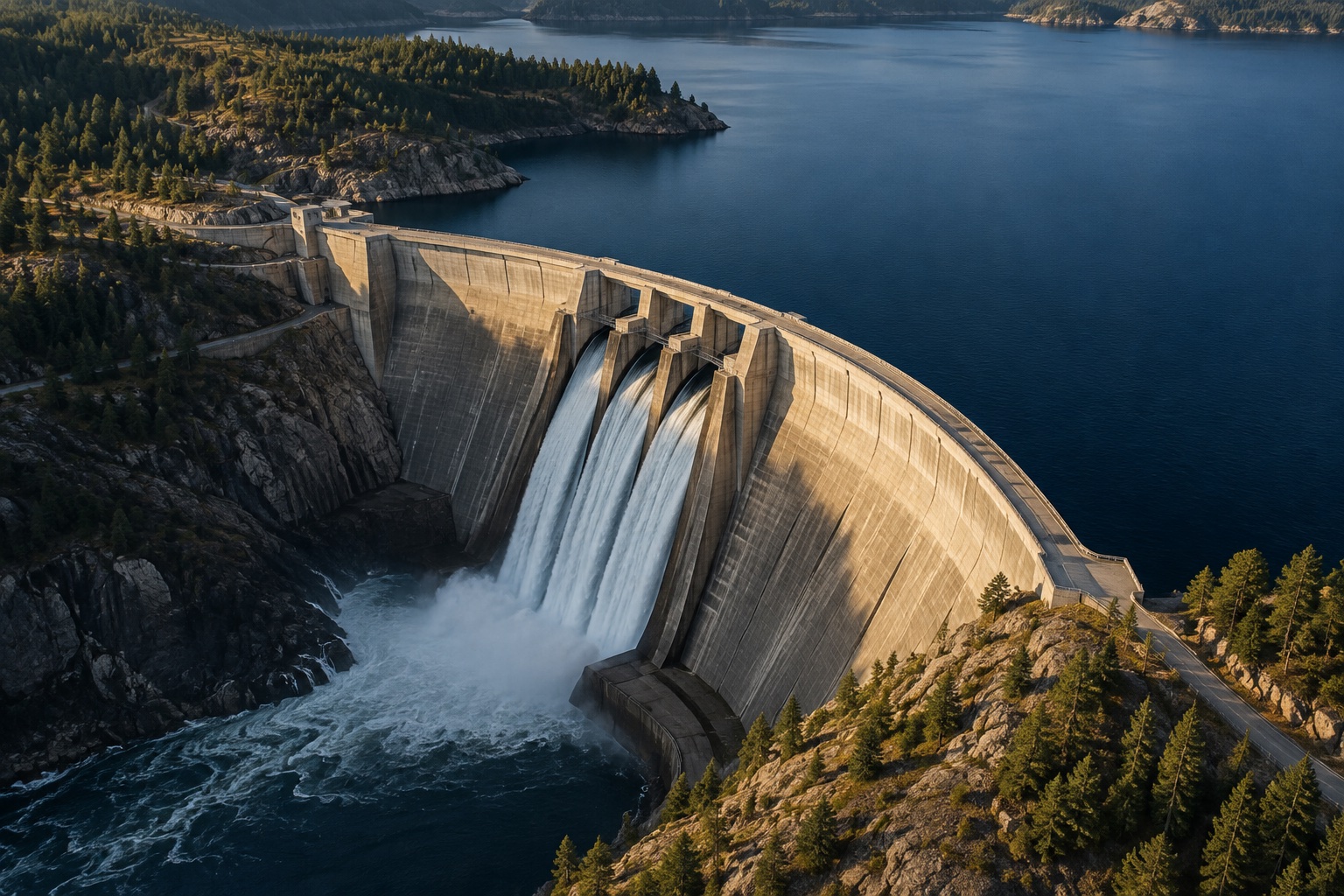 Illustrative hydroelectric infrastructure in a dramatic mountain landscape