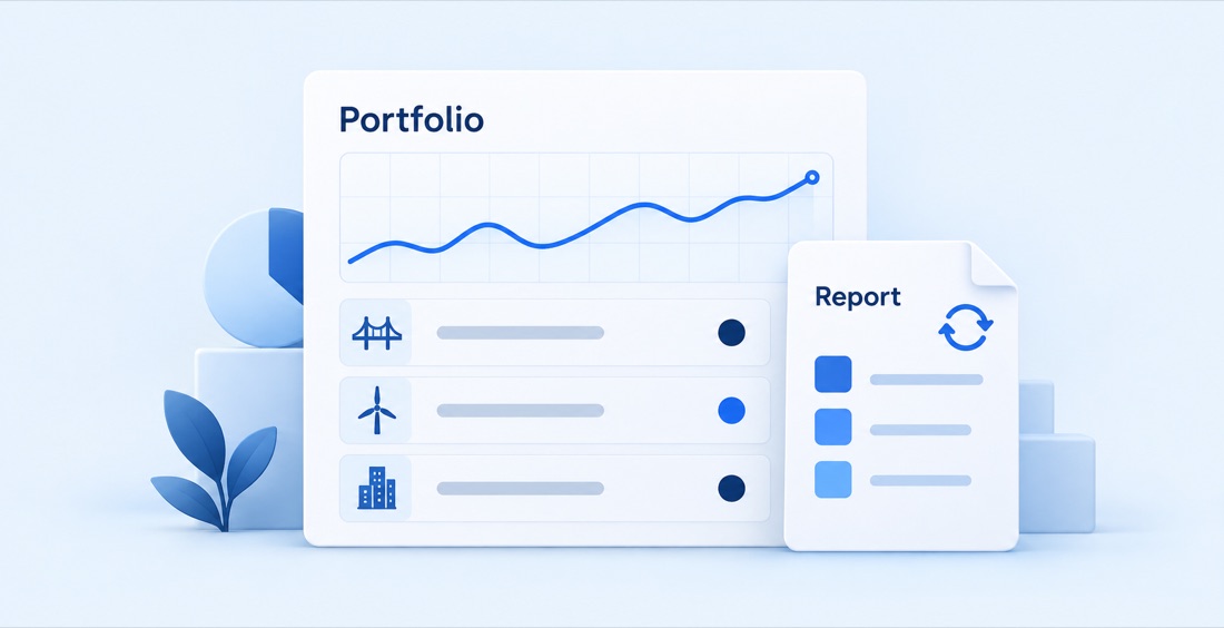 Conceptual render of an infrastructure portfolio overview and a recurring report