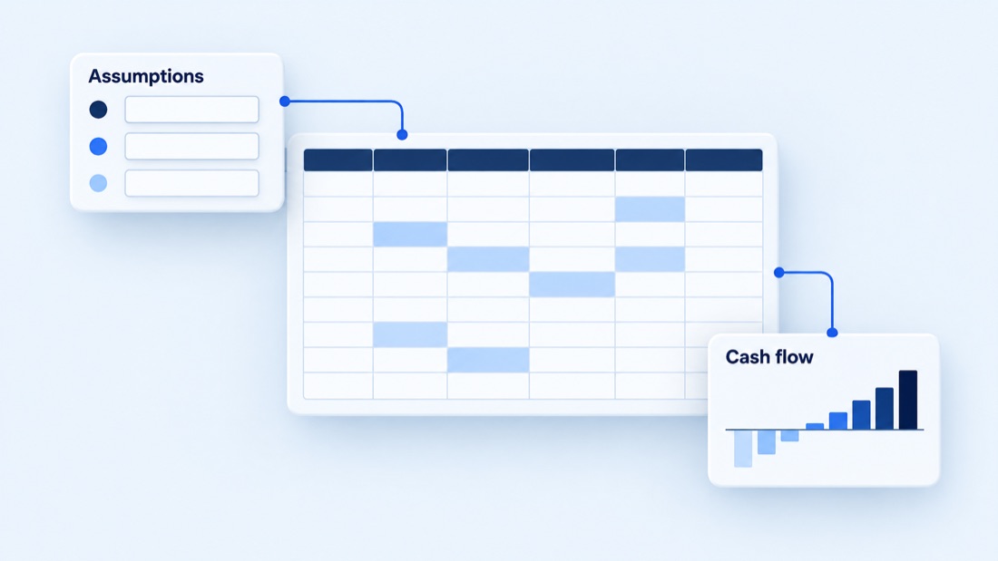 Conceptual render of assumptions connected to a financial model and cash flow analysis